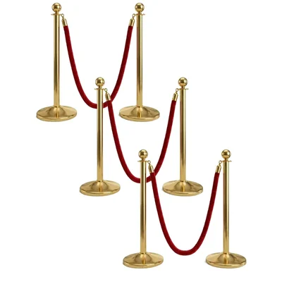 Premium Quality Golden Finish Queue Manager, with 1.5 meter Red Velvet Rope (2 Pillar and 1 Rope) - Pack of 3