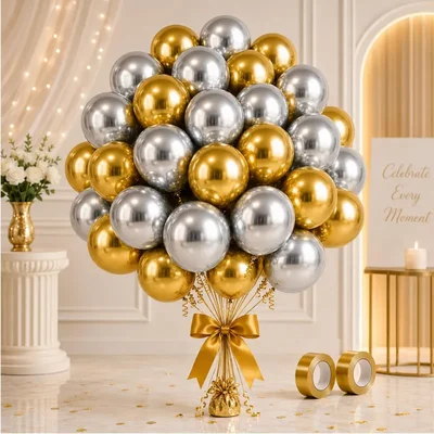 Pack of 4, 30 Pcs Gold & Grey Chrome Metallic Balloons with Ribbons for Birthday & Wedding Party Decor