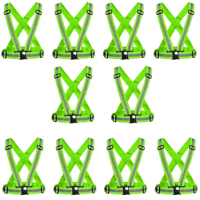Gravitech 10 Pcs 360° High Visibility Green Colour Elastic Cross Belt With Reflective Tape For Safety Purpose