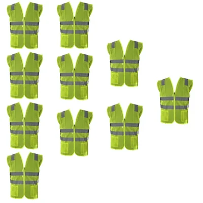 Safedot Pack of 10 Green Reflective Safety Jackets, 125 GSM, Quality Zipper, 2 Pockets - Enhanced Visibility & Comfort