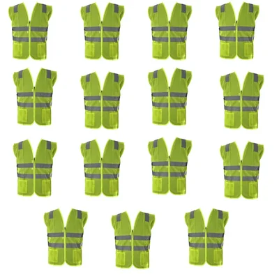 Safedot Pack of 15 Green Reflective Safety Jackets, 125 GSM, Quality Zipper, 2 Pockets - Enhanced Visibility & Comfort