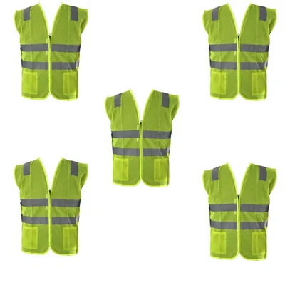 Safedot Pack of 5 Green Reflective Safety Jackets, 125 GSM, Quality Zipper, 2 Pockets - Enhanced Visibility & Comfort
