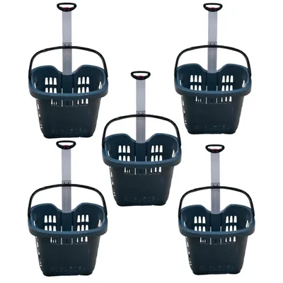 Bigapple 56 Liter Capacity Pack Of 5 Heavy Weight King Shopping Basket with Wheels and Aluminium Handle | Grey Colour