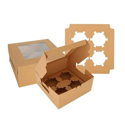 100 Pcs, 6x6x4 Inch Kraft 350 GSM Cupcake Box with Insert For 4 Cupcakes, Brownies, Bakery Products