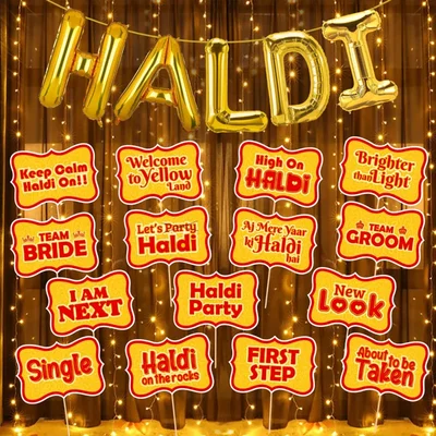Gold Foil Haldi Ceremony Decor Kit Photo Booth Props & Rice Light (17 Pcs) (pack of 3)