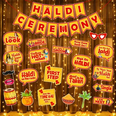 23 Pcs Haldi Decoration Kit with Light & 300GSM Props for Bride & Family Pack of 3