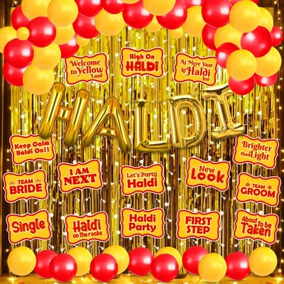Haldi Ceremony Photo Booth Kit with LED Light & Gold Foil Curtain 44 Pcs(pack of 3)