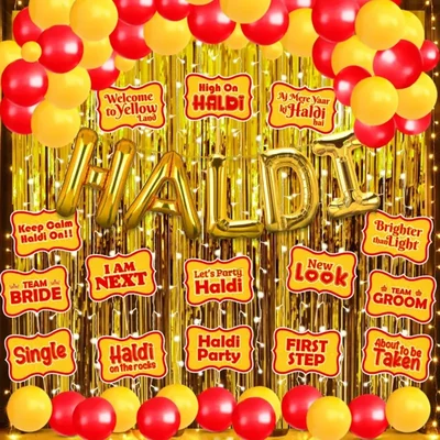 Pack of 3, 9, 18 Haldi Ceremony Photo Booth Kit with LED Light & Gold Foil Curtain 44 Pcs in a Pack(Pack-3 pcs)