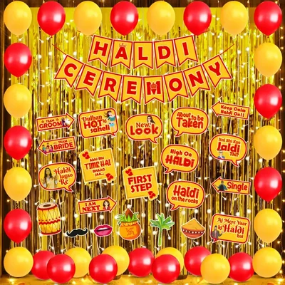 50 Pcs Haldi Decoration Kit with Light & 300GSM Props for Bride & Family Pack of 3