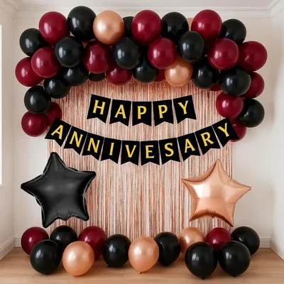 Pack of 10, Rose Gold Black Burgandy Happy Anniversary Balloon Kit with Banner & Ribbons
