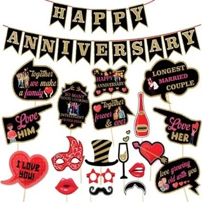 (Pack Of 3) | 20 Pcs Happy Anniversary Decoration Kit Black & Red Banner for Couple Party Décor