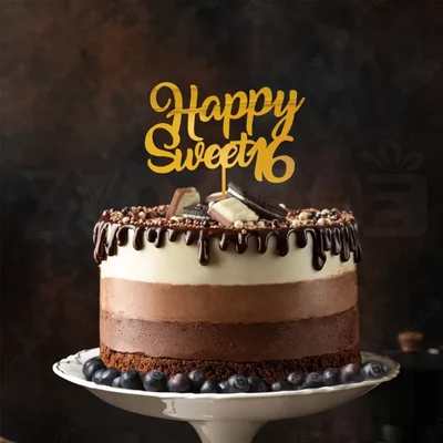 Happy Sweet 16th Birthday Cake Topper, Gold Acrylic Decor, Pack of 2