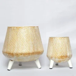 Ecofynd Pack of 2 Hazel Metal Planter Pot with Stand | Home Decor Item for Balcony, Living Room (Daisy White)