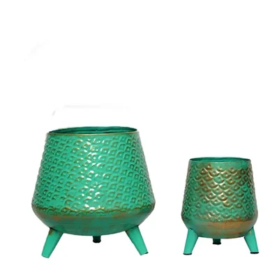 Ecofynd Set of 2 Hazel Metal Planter Pot with Stand | Home Decor Item for Balcony, Living Room (Turquoise)