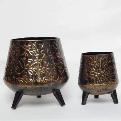 Ecofynd Hazel Metal Planter Pot with Stand | Home Decor Item for Balcony, Living Room (Dark Chocolate) - Pack of 2 