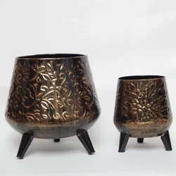 Ecofynd Hazel Metal Planter Pot with Stand | Home Decor Item for Balcony, Living Room (Dark Chocolate) - Pack of 2 