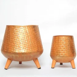 Ecofynd Pack of 2 Hazel Metal Planters with Stand | Home Decor Item for Balcony, Living Room (Orange)