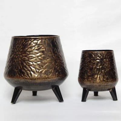 Ecofynd Pack of 2 Hazel Metal Planter Pots with Stands | Home Decor Item for Balcony, Living Room (Coffee Color)