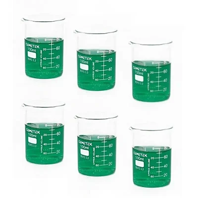 COMETEK 100ml Borosilicate Glass Beaker Set Low Form, 10mL Graduations | Heat Resistant Laboratory Glassware (Pack of 6)