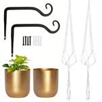 Ecofynd Combo of 2 Round Metal Planter, 2 Wall Hook Plant Bracket, 2 Cotton Boho Pot Hanging(COM009)