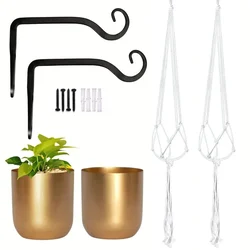Ecofynd Combo of 2 Round Metal Planter, 2 Wall Hook Plant Bracket, 2 Cotton Boho Pot Hanging(COM009)
