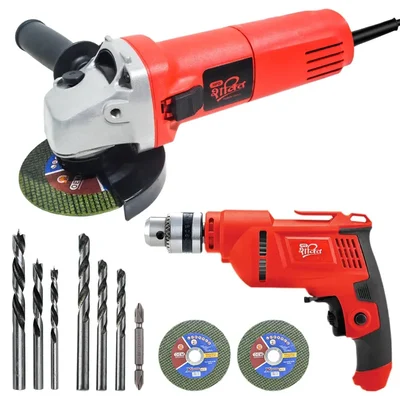 HPD Shakti 100mm (4") 850 Watt Angle Grinder & 10mm 500 Watt F/R Mode, Variable Speed Drill Combo With Cutting Wheels, Drill Bits & Accessories