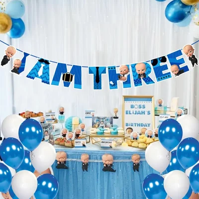 I Am THREE Blue Cardstock Paper Banner For 3rd Birthday Boss Baby Theme Party Elegant Bunting Hanging Décor(Pack of 5)
