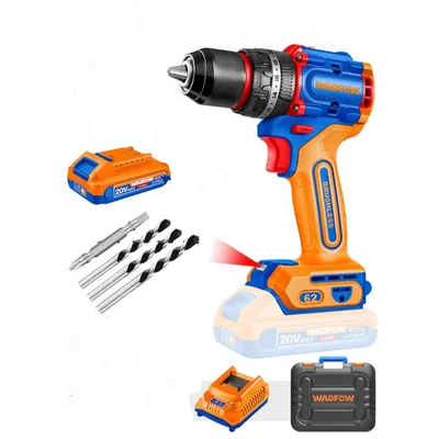 Wadfow 13mm 20V Cordless, Brushless Impact Drill With Battery, Charger & Bits, Max. Torque 62Nm (WCDP6281)