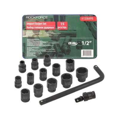ROCKFORCE 15 Piece 1/2″ Impact Socket Set 6‑Point, 10‑32 mm in Metal Case (RF‑4159‑5MPB)