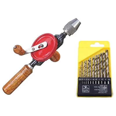 Premium Quality 1/4-Inch Chuck Manual Rotary Twin Gear Hand Drill Machine with 13-Piece HSS Drill Bit Set