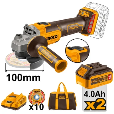 INGCO 100mm 20V Cordless Angle Grinder with 10 Pcs Metal Cutting Disc, Battery, Charger & Accessories, 8500 RPM (CAGLI2010082)