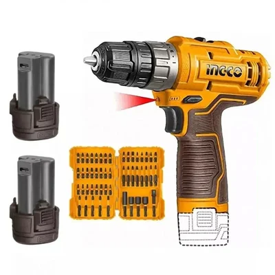 Ingco 10 mm 12V Cordless Drill With Battery & 50 Pcs Impact Screwdriver Bits Set, 1500 RPM (COSLI24011)