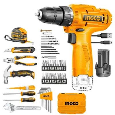 Ingco 10 mm 12V Ingco Lithium-Ion Cordless Drill Driver with 89 Pcs Household TOOLS SET (HKTHP10891)