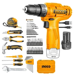 Ingco 10 mm 12V Ingco Lithium-Ion Cordless Drill Driver with 89 Pcs Household TOOLS SET (HKTHP10891)