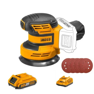 Ingco 20V 125 mm Lithium-Ion Random Orbital Sander with Battery, Charger & Accessories, 10000 RPM (CROSLI20011)