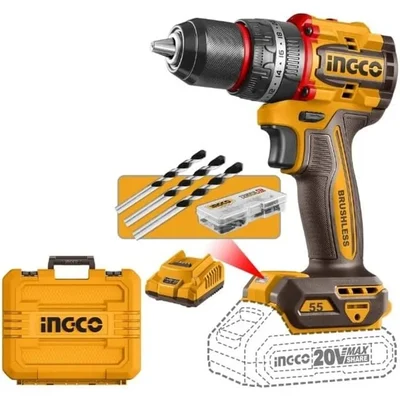 Ingco 13 mm 20V Metal Chuck Cordless Drill With Battery, Charger & Accessories, 2000 RPM (CIDLI20558)