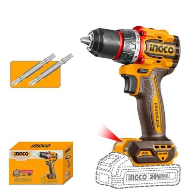 Ingco 13mm 20V Compact Brushless Cordless Metal Chuck Drill With Cr-V Bits, 0-500/0-2000 RPM (CDLI205581)