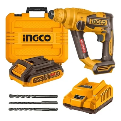 Ingco 20V 18mm SDS Plus Brushless Cordless Rotary Hammer With Drill Bits, Battery & Charger For Concrete (CRHLI201881)