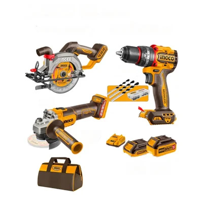 Ingco 3 Pcs 20V Cordless BL Metal Chuck Impact Drill, Circular Saw & Angle Grinder Combo Kit With Battery, Charger & Accessories