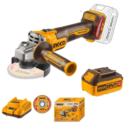 Ingco 100mm 20V Cordless Angle Grinder With Battery, Charger & Cutting Disc, 3000/6000/9000 RPM (CAGLI261021)