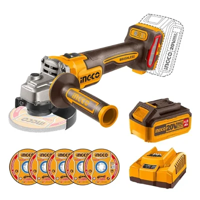 Ingco 100mm 20V Cordless BL Variable Speed  Angle Grinder With Battery, Charger & Cutting Disc, 3000/6000/9000 RPM (CAGLI261021)