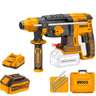 Ingco 26mm 20V Cordless Brushless Rotary Hammer With Battery, Charger & Accessories, 0-1100 RPM (CRHLI202682)