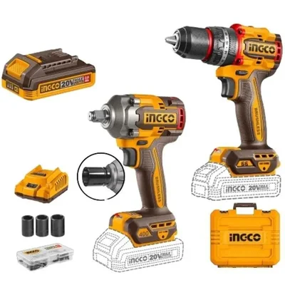 Ingco 2 Pcs 20V Cordless Impact Drill & Impact Wrench Combo Kit With Battery, Charger & Accessories (CKLI20275)