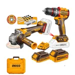 Ingco 2 pcs 20V Cordless Angle Grinder & Impact Drill Combo Kit With Battery, Charger & Accessories (CKLI2027310)