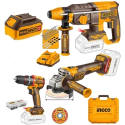 Ingco 3 pcs 20V Cordless Rotary Hammer, Angle Grinder & Impact Drill Combo Kit, 9000 RPM