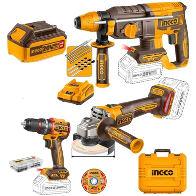 Ingco 3 pcs 20V Cordless Rotary Hammer, Angle Grinder & Impact Drill Combo Kit, 2000 RPM (COSLI241198)