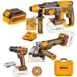 Ingco 3 pcs 20V Cordless Rotary Hammer, Angle Grinder & Impact Drill Combo Kit, 2000 RPM (COSLI241198)