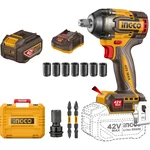 Ingco 12.5mm (1/2") 42V Cordless BL 3-Speed Control Setting Impact Wrench With Battery, Charger, Sockets, Bits & Accessories, Max. Torque 600 Nm (CIWLI42602)