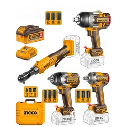 Ingco 4-In-1 20V Cordless Brushless 3 Pcs Impact Wrench & 1 Pc Drive Ratchet Combo Kit With Battery, Charger & Accessories Set (COSLI250783)
