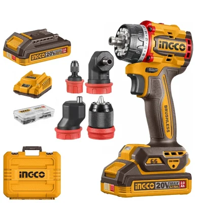 Ingco 20V Cordless Multi-Head Drill Driver With 4 Interchangeable Heads, Battery, Charger & Accessories (CDLI206686)